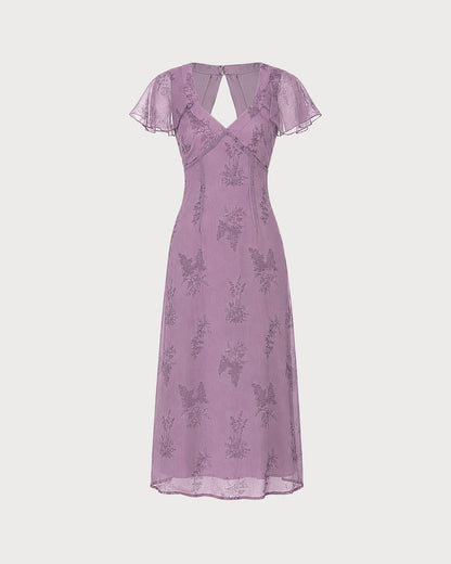 Vestido midi floral roxo com decote em V e mangas borboleta