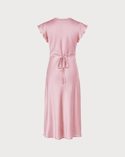 Vestido midi em cetim com renda e decote em V — Rosa