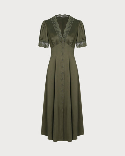 Vestido Midi de Cetim com Renda — Verde