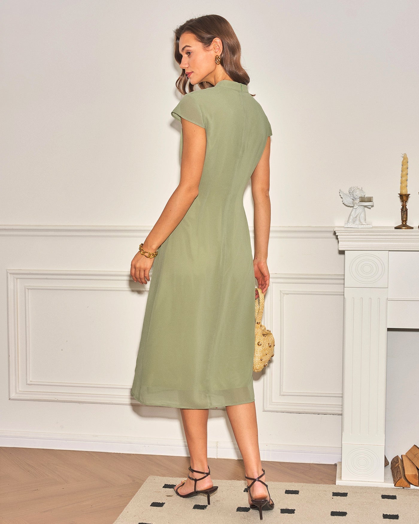 Vestido midi em chiffon com gola mandarim — Verde