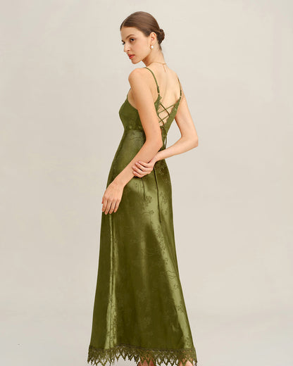Vestido slip longo com corpete em jacquard verde