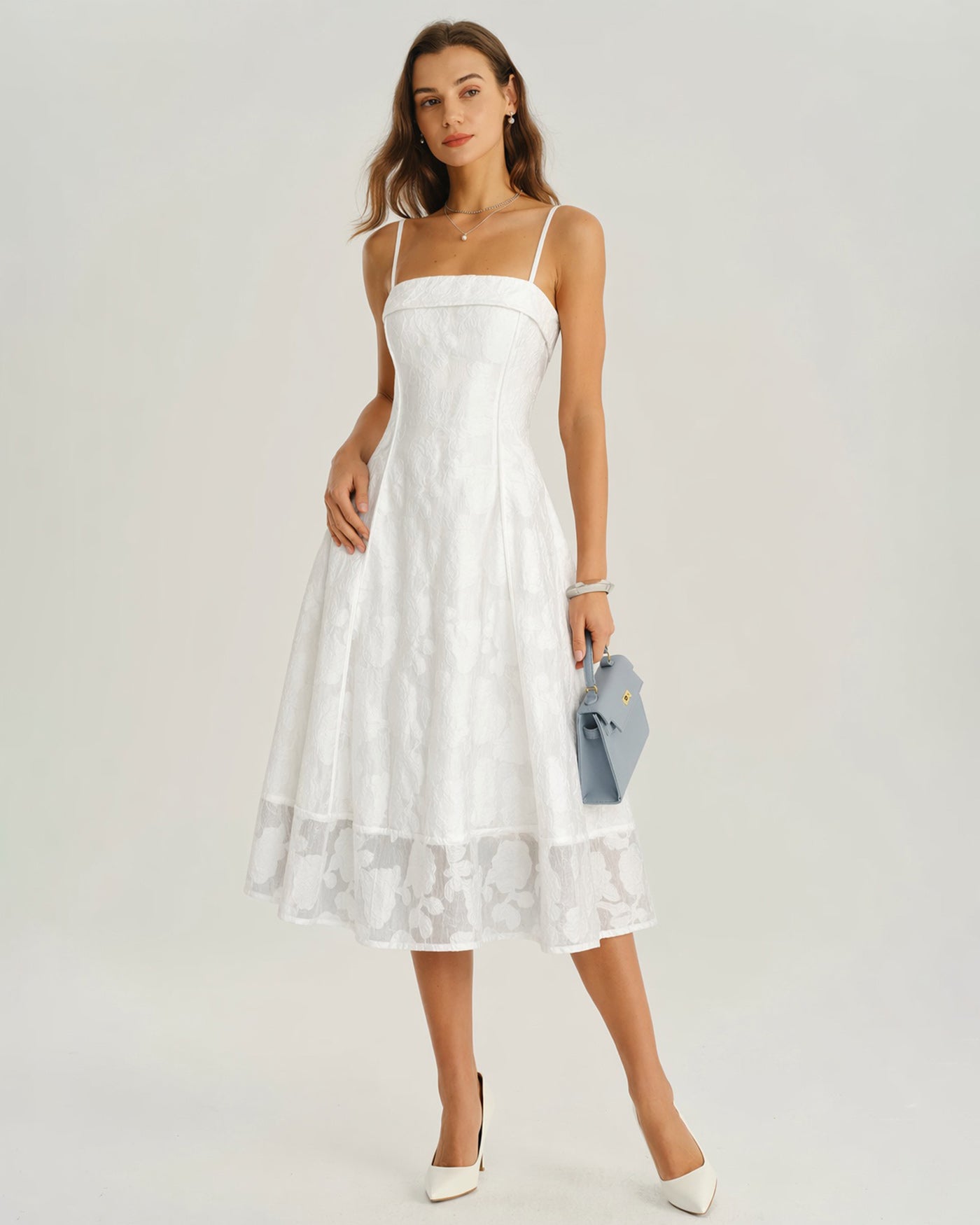 Vestido slip midi em jacquard com decote quadrado — Branco