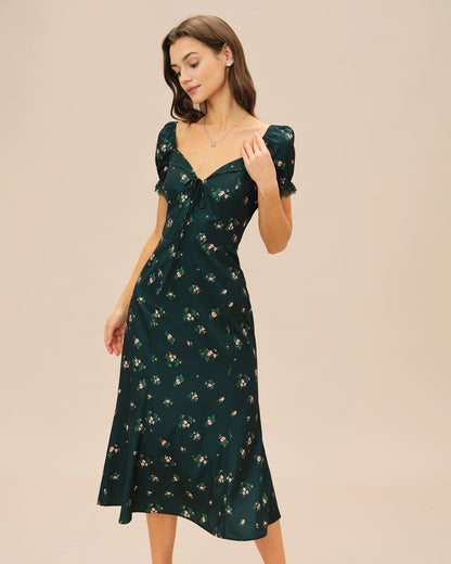 Vestido midi floral com mangas bufantes — Verde