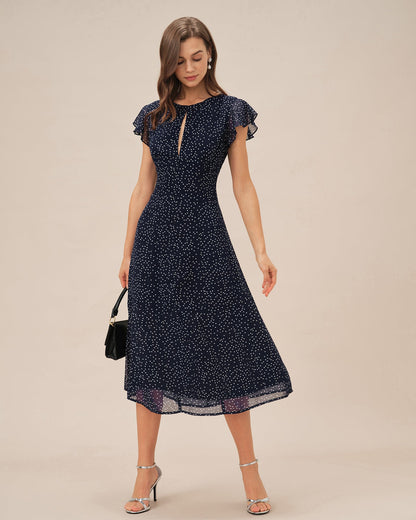 Vestido midi azul com estampa de poá
