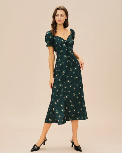Vestido midi floral com mangas bufantes — Verde