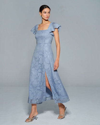Vestido midi azul floral com decote quadrado