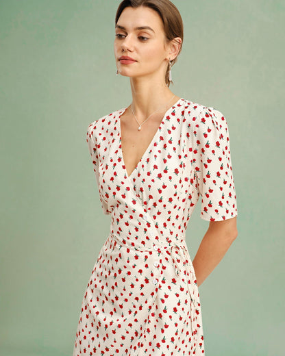 Vestido midi floral com decote em V — Damasco