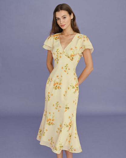 Vestido midi floral amarelo com decote em V e corte sereia