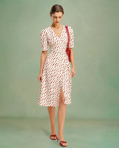 Vestido midi floral com decote em V — Damasco