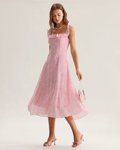 Vestido midi rosa com decote quadrado e babados