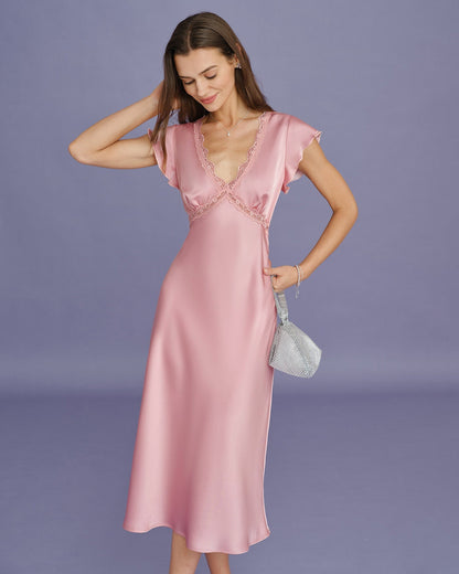 Vestido midi em cetim com renda e decote em V — Rosa