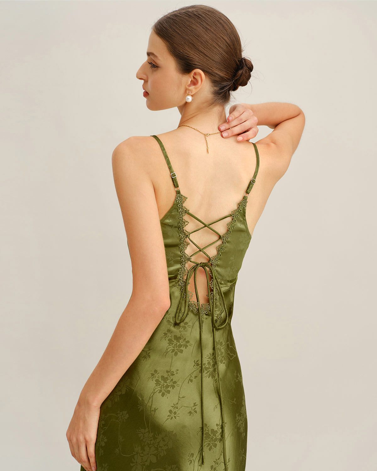 Vestido slip longo com corpete em jacquard verde