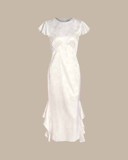 Vestido midi bege em jacquard com babados e decote canoa
