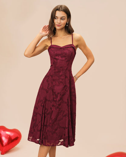 Vestido midi slip em jacquard com decote em coração — Vinho