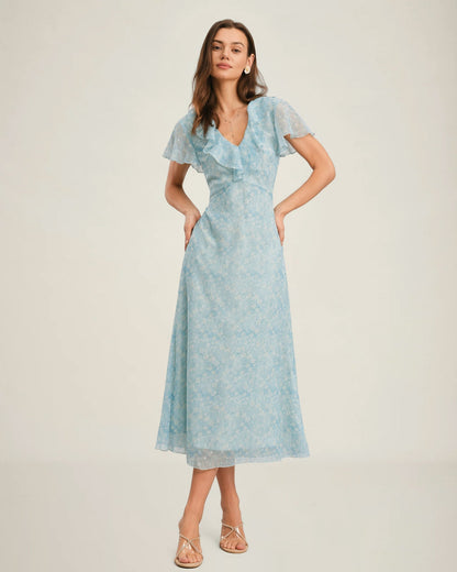 Vestido midi azul com decote em V, estampa floral e babados