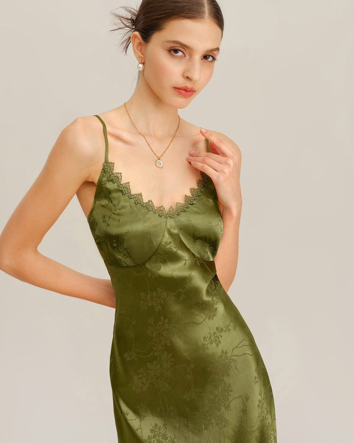 Vestido slip longo com corpete em jacquard verde