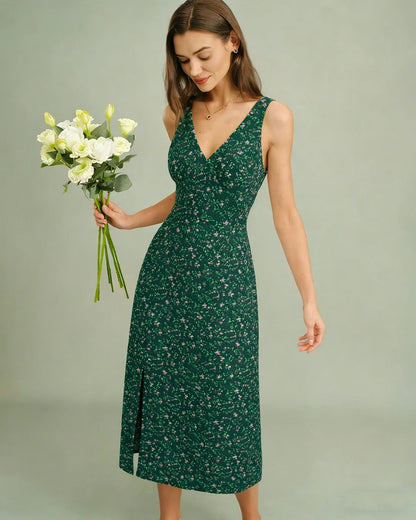 Vestido midi floral verde com decote em V