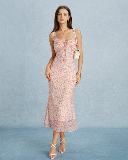 Vestido midi rosa com decote em V, babados e amarração