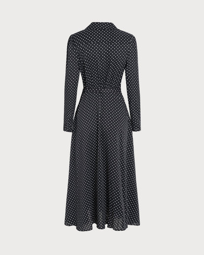 Vestido midi preto com gola e estampa de poá