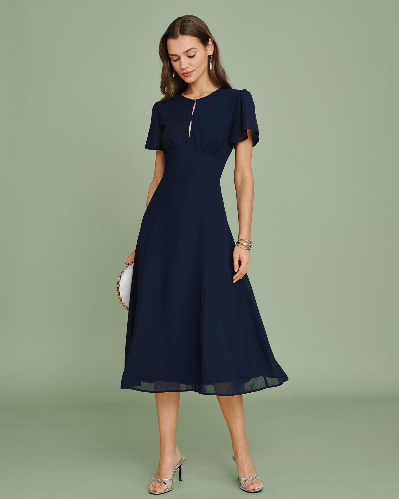 Vestido Midi em Chiffon com Recorte - Azul-marinho