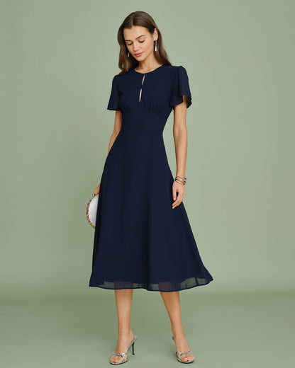 Vestido Midi em Chiffon com Recorte - Azul-marinho