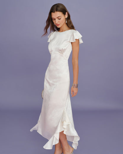 Vestido midi bege em jacquard com babados e decote canoa