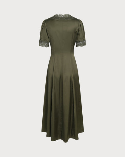 Vestido Midi de Cetim com Renda — Verde