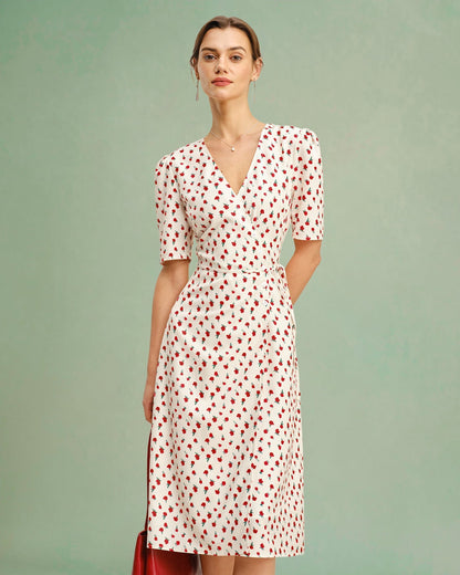 Vestido midi floral com decote em V — Damasco