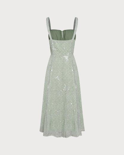 Vestido midi slip em jacquard verde com corte evasê