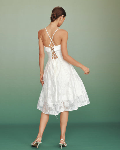 Vestido slip midi em jacquard com decote quadrado — Branco