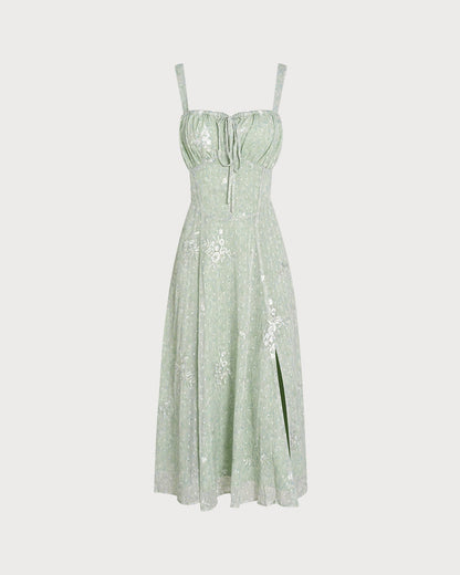 Vestido midi slip em jacquard verde com corte evasê