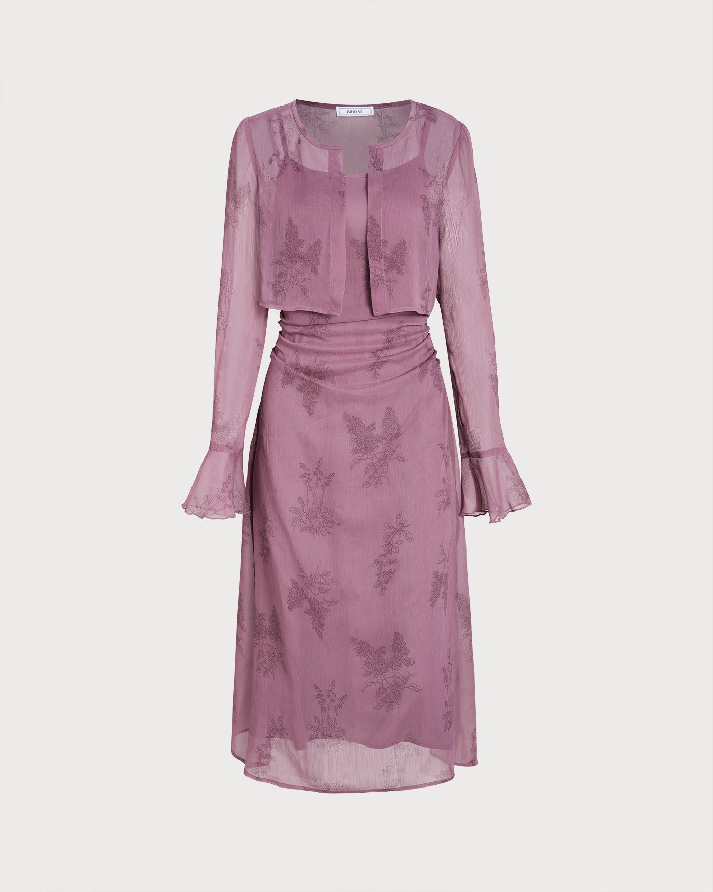 Vestido midi slip floral roxo com franzidos