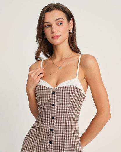 Vestido Midi Slip Xadrez Café