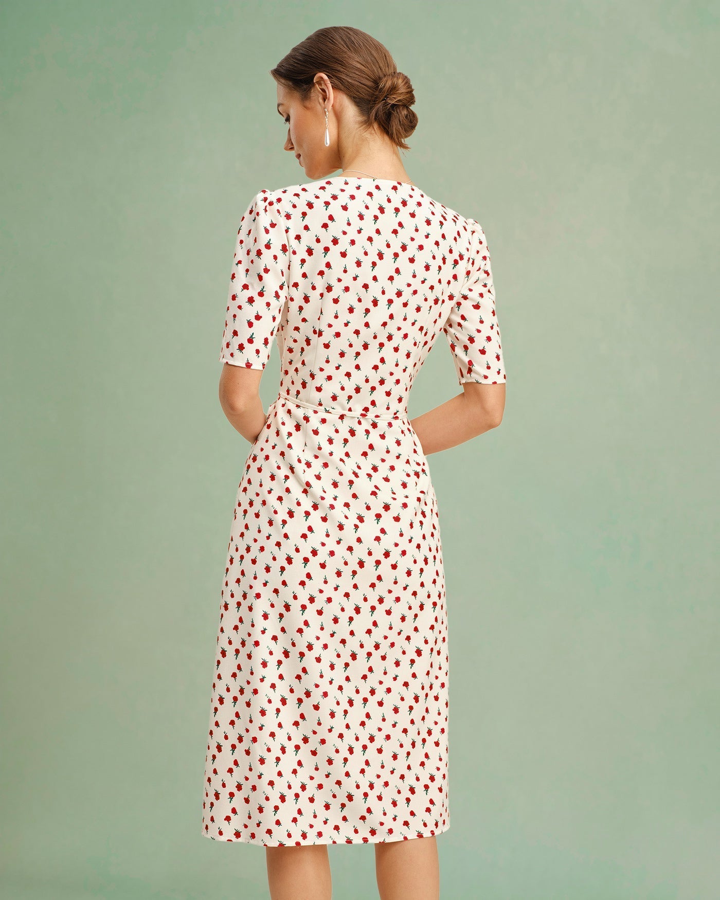 Vestido midi floral com decote em V — Damasco