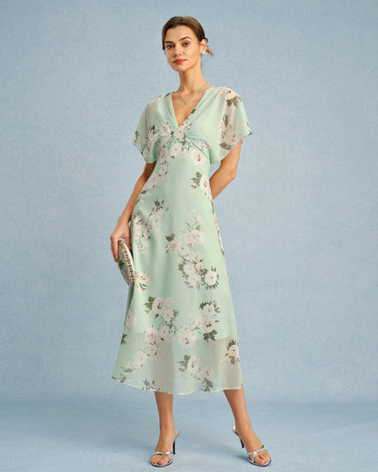 Vestido midi floral em chiffon com decote V — Verde