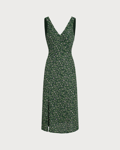 Vestido midi floral verde com decote em V