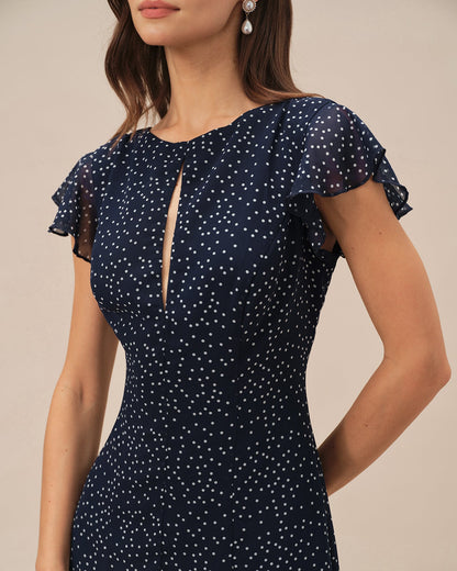 Vestido midi azul com estampa de poá