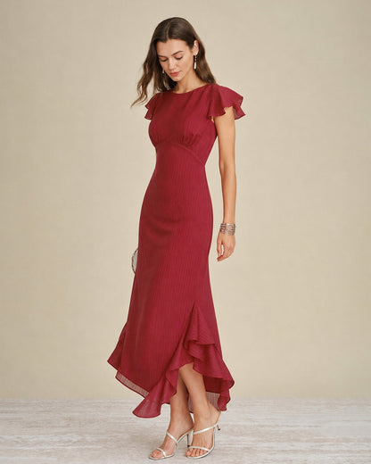 Vestido midi vermelho liso com decote canoa e babados