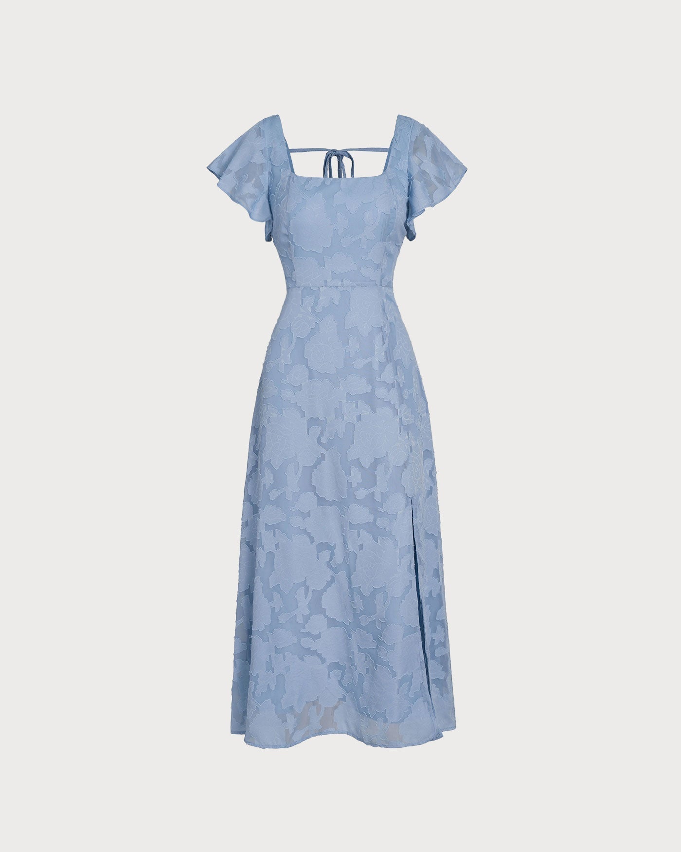 Vestido midi azul floral com decote quadrado