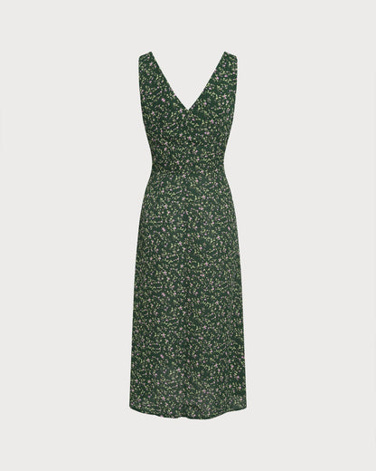 Vestido midi floral verde com decote em V