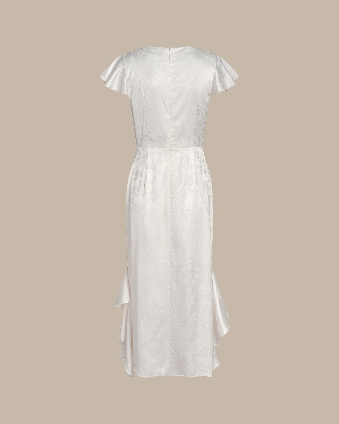 Vestido midi bege em jacquard com babados e decote canoa