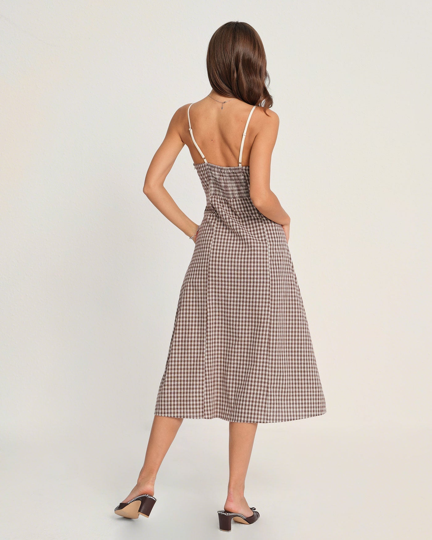 Vestido Midi Slip Xadrez Café