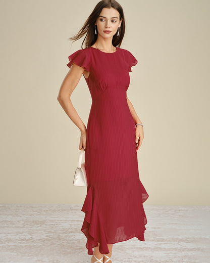 Vestido midi vermelho liso com decote canoa e babados