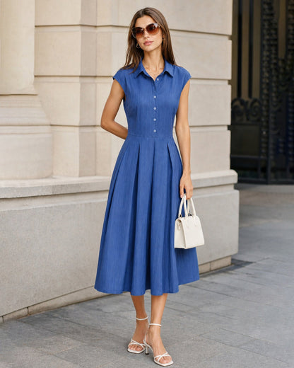Vestido midi com gola azul e botões frontais