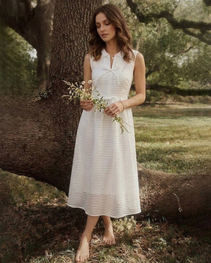 Vestido midi listrado sem mangas — branco