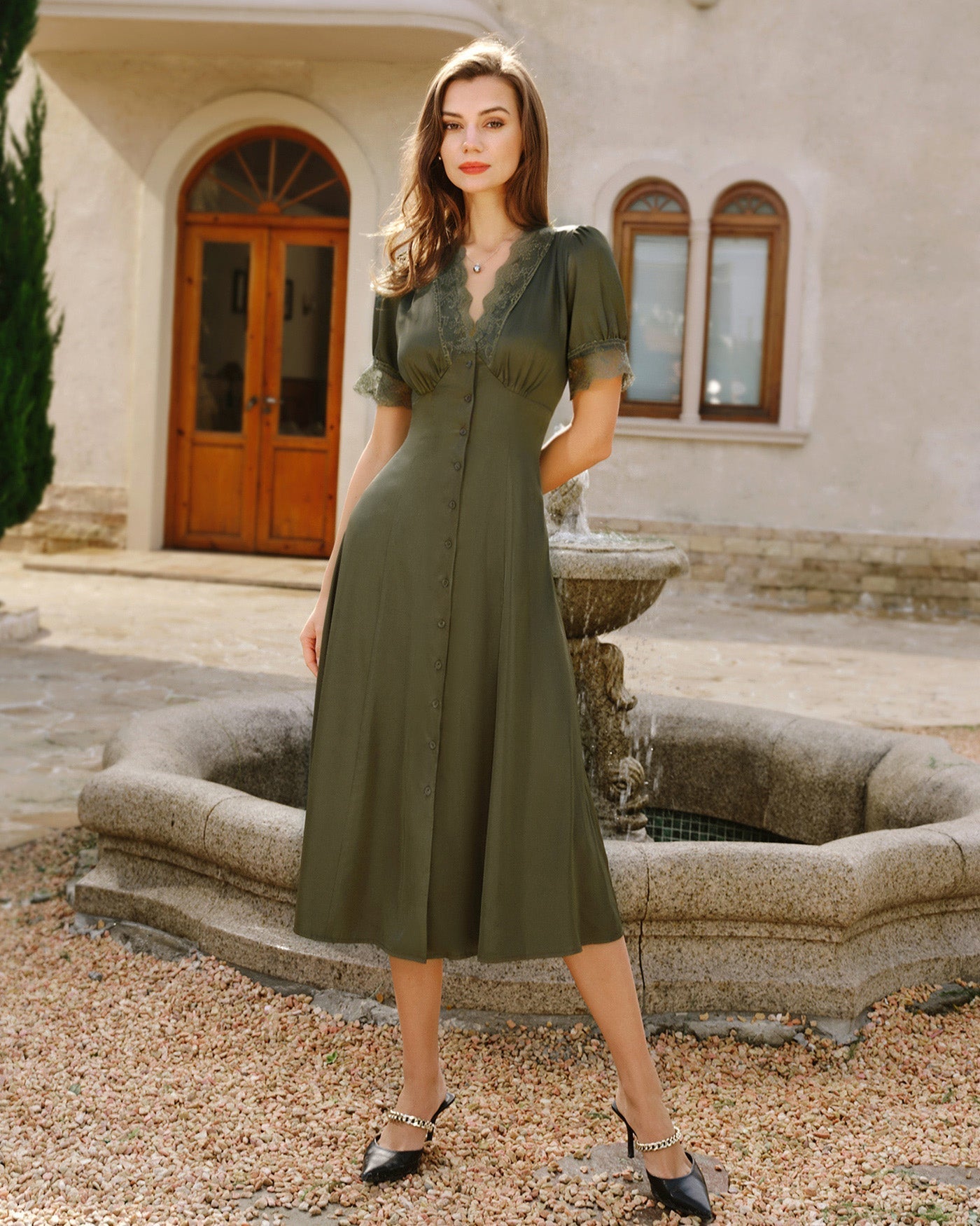 Vestido Midi de Cetim com Renda — Verde