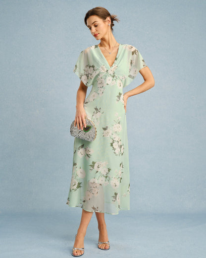 Vestido midi floral em chiffon com decote V — Verde