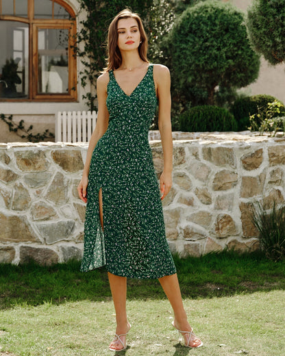 Vestido midi floral verde com decote em V