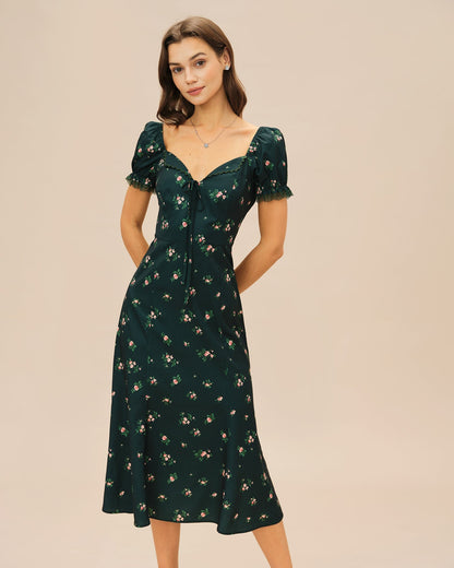 Vestido midi floral com mangas bufantes — Verde