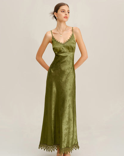 Vestido slip longo com corpete em jacquard verde